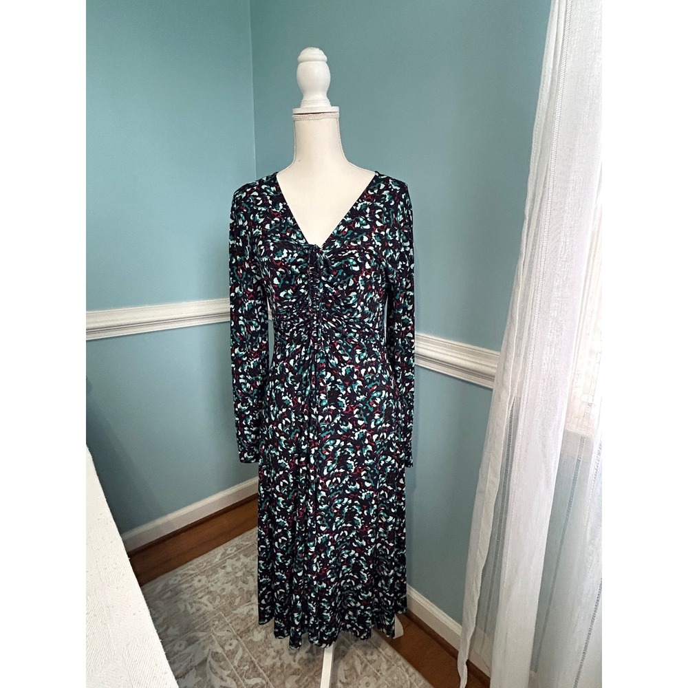 White House Black Market Teal Abstract Floral Ruched Midi Dress Long Sleeve M
